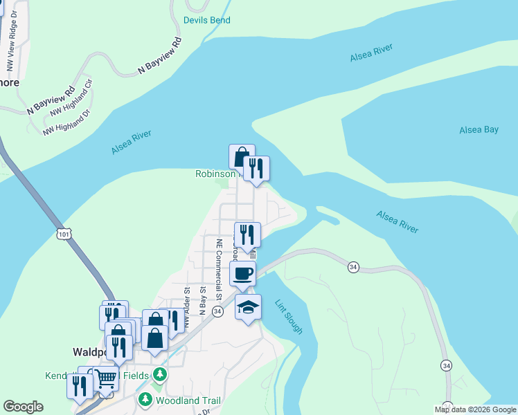 map of restaurants, bars, coffee shops, grocery stores, and more near 1085 Northeast Mill Street in Waldport