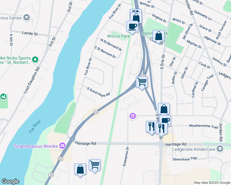 map of restaurants, bars, coffee shops, grocery stores, and more near 472 South Good Hope Road in De Pere