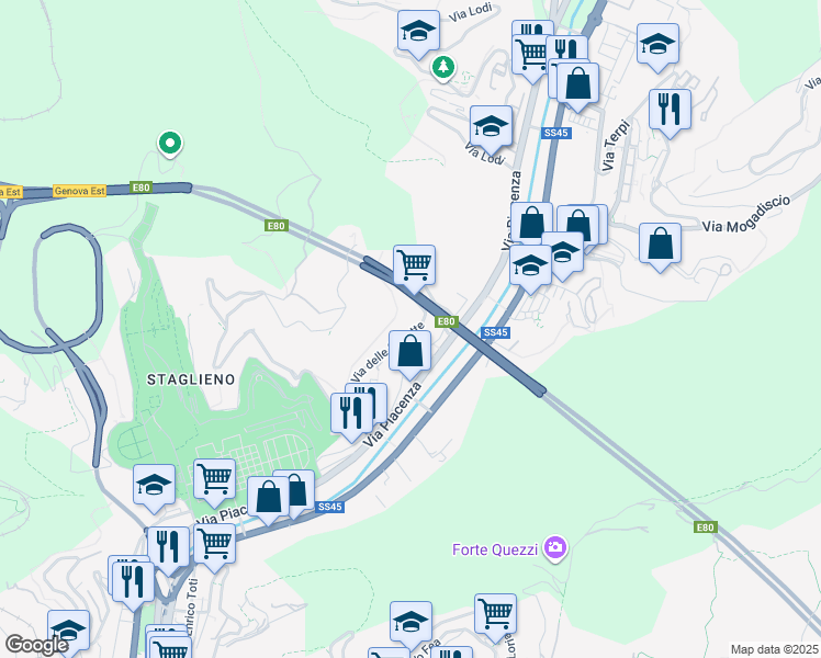 map of restaurants, bars, coffee shops, grocery stores, and more near 64 Via delle Gavette in Genova