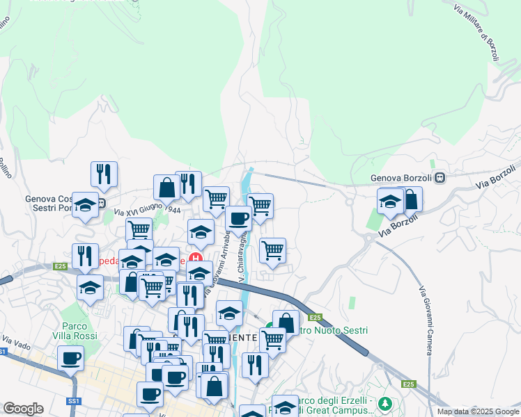 map of restaurants, bars, coffee shops, grocery stores, and more near 152 Via dell'Alloro in Genova