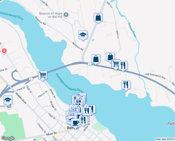 map of restaurants, bars, coffee shops, grocery stores, and more near Harbor Hill in Belfast