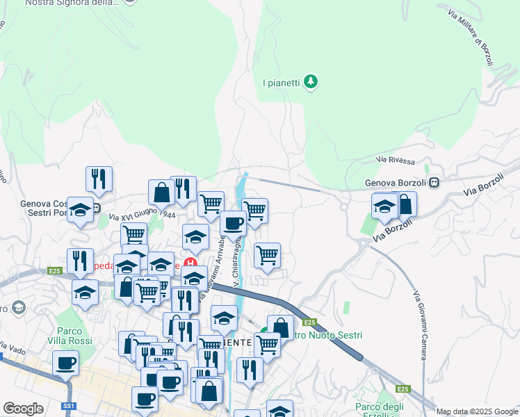 map of restaurants, bars, coffee shops, grocery stores, and more near 152 Via dell'Alloro in Genova