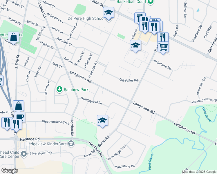 map of restaurants, bars, coffee shops, grocery stores, and more near 1878 Ledgeview Road in De Pere