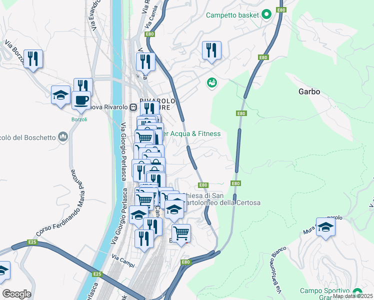 map of restaurants, bars, coffee shops, grocery stores, and more near 21/12 Via Sergio Piombelli in Genova