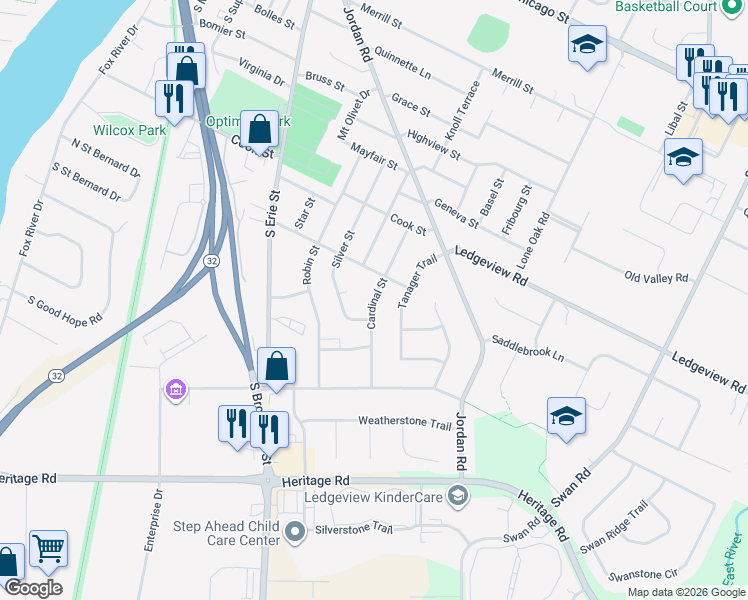 map of restaurants, bars, coffee shops, grocery stores, and more near Cardinal Street in De Pere