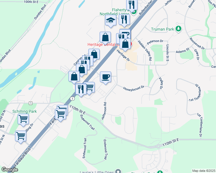 map of restaurants, bars, coffee shops, grocery stores, and more near 2323 Minnesota 3 in Northfield