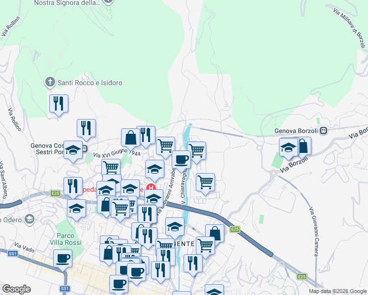 map of restaurants, bars, coffee shops, grocery stores, and more near in Genoa