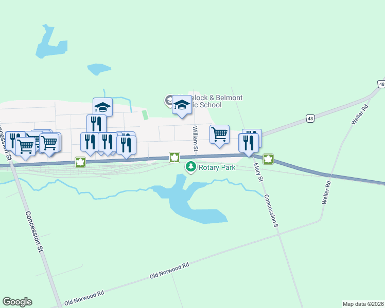 map of restaurants, bars, coffee shops, grocery stores, and more near 1 William Street in Havelock