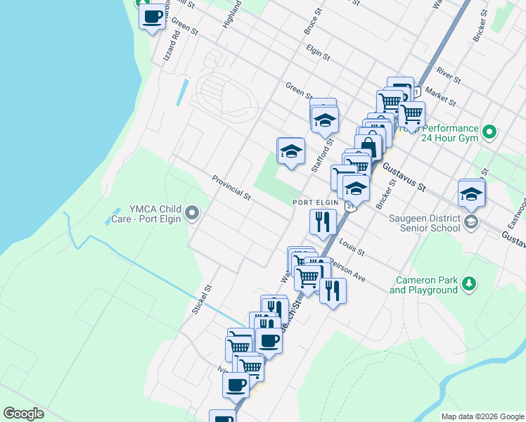 map of restaurants, bars, coffee shops, grocery stores, and more near 482 Provincial Street in Saugeen Shores
