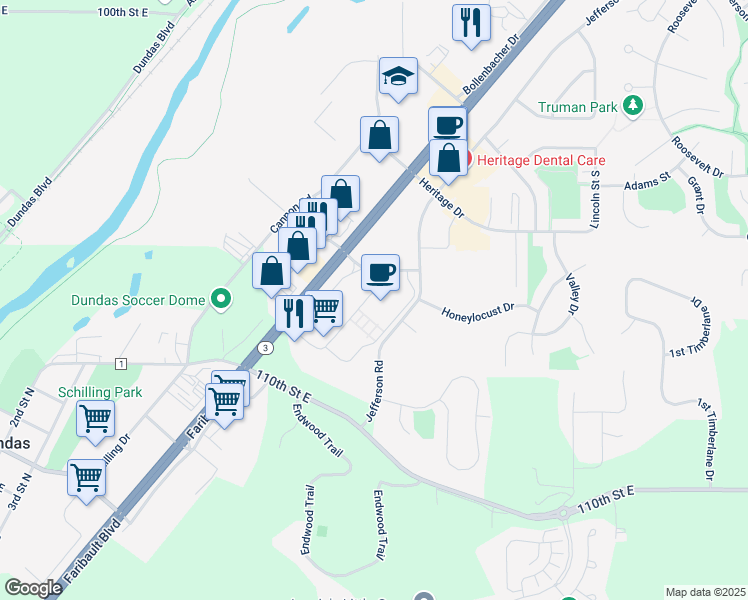 map of restaurants, bars, coffee shops, grocery stores, and more near 2323 Minnesota 3 in Northfield