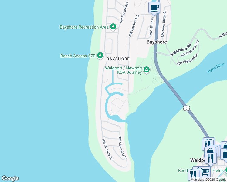 map of restaurants, bars, coffee shops, grocery stores, and more near 1001-1399 NW Pacific Way in Waldport