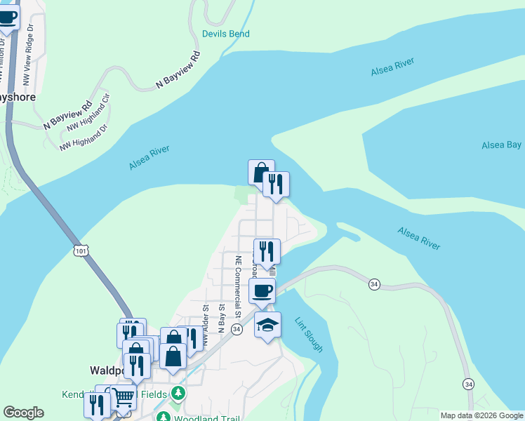 map of restaurants, bars, coffee shops, grocery stores, and more near 1165 Northeast Broadway Street in Waldport