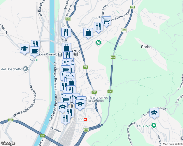 map of restaurants, bars, coffee shops, grocery stores, and more near Via Liberti in Genoa