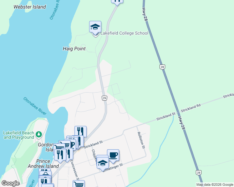 map of restaurants, bars, coffee shops, grocery stores, and more near 253 Queen Street in Lakefield