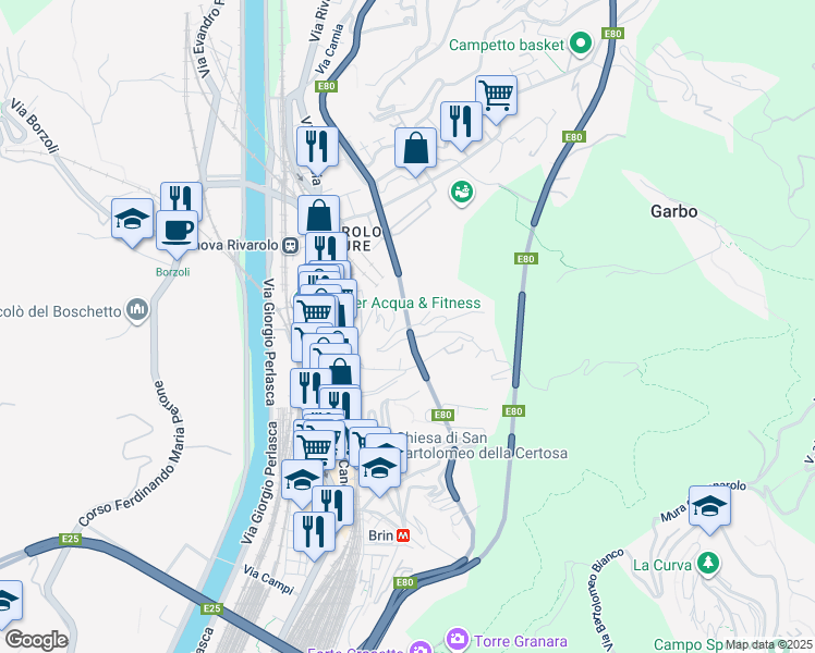 map of restaurants, bars, coffee shops, grocery stores, and more near Via Liberti in Genova