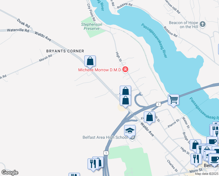 map of restaurants, bars, coffee shops, grocery stores, and more near 195 Waldo Avenue in Belfast