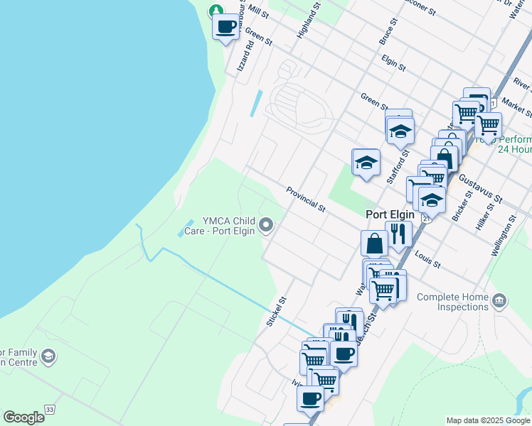 map of restaurants, bars, coffee shops, grocery stores, and more near 421 Buckby Lane in Port Elgin