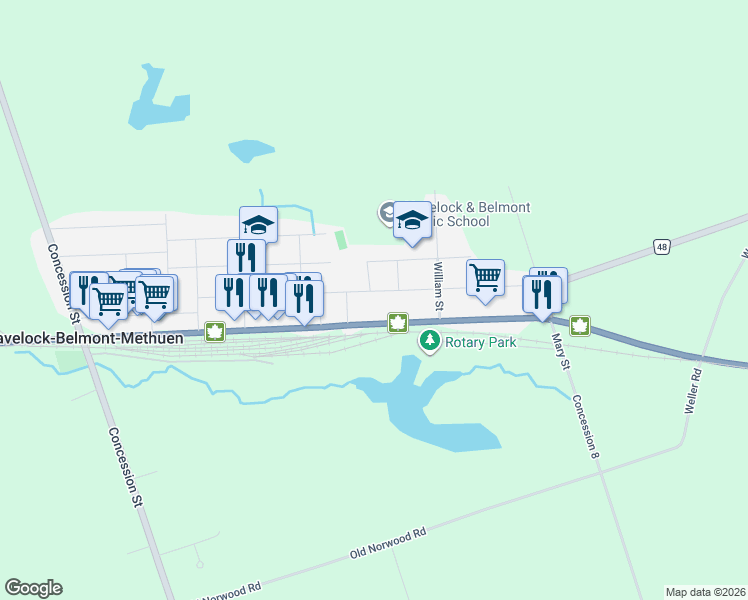 map of restaurants, bars, coffee shops, grocery stores, and more near 41 George Street East in Havelock