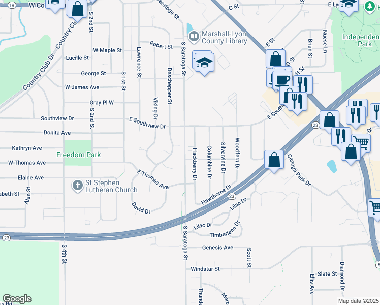 map of restaurants, bars, coffee shops, grocery stores, and more near 806 Hackberry Drive in Marshall