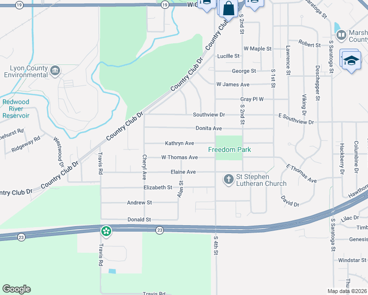 map of restaurants, bars, coffee shops, grocery stores, and more near 600 Kathryn Avenue in Marshall