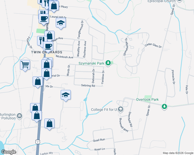 map of restaurants, bars, coffee shops, grocery stores, and more near 21 Scotsdale Road in South Burlington