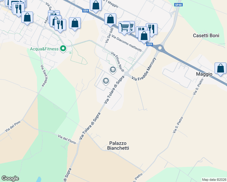 map of restaurants, bars, coffee shops, grocery stores, and more near 43 Via Tolara di Sopra in Ozzano Dell'emilia