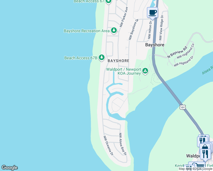 map of restaurants, bars, coffee shops, grocery stores, and more near 1001 Northwest Pacific Way in Waldport