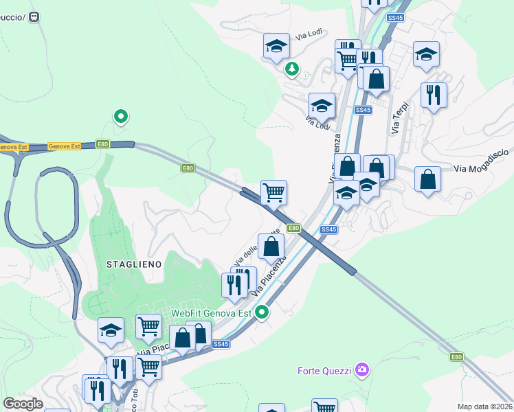 map of restaurants, bars, coffee shops, grocery stores, and more near Salita Chiappa di Struppa in Genova