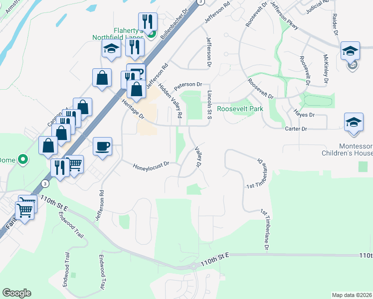 map of restaurants, bars, coffee shops, grocery stores, and more near 2218 Pepper Ridge Lane in Northfield