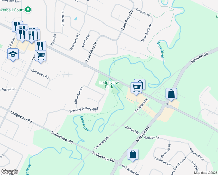 map of restaurants, bars, coffee shops, grocery stores, and more near 427 Winding Waters Way in De Pere