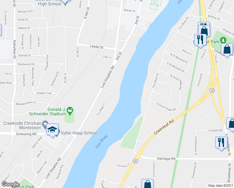 map of restaurants, bars, coffee shops, grocery stores, and more near 200 Prospect Place in De Pere