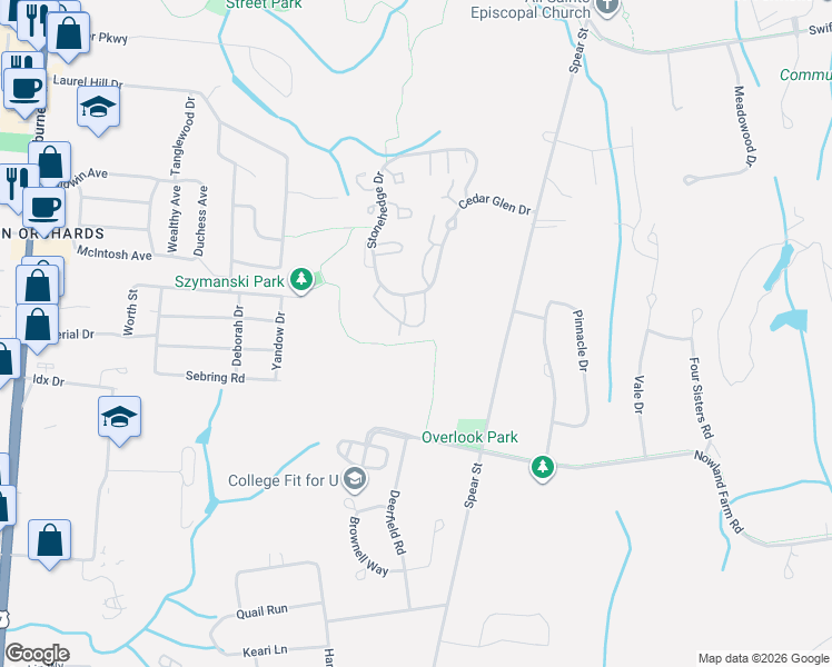 map of restaurants, bars, coffee shops, grocery stores, and more near N16 Stonehedge Drive in Burlington