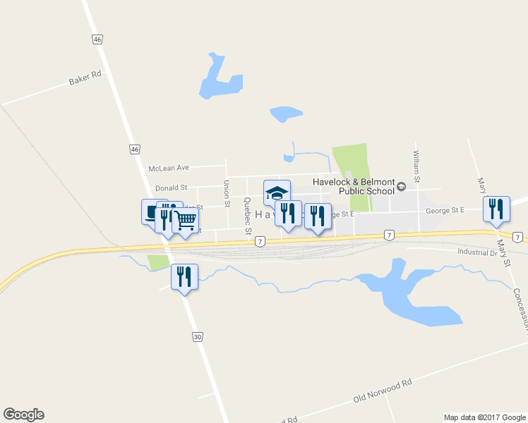 map of restaurants, bars, coffee shops, grocery stores, and more near 17 Smith Drive in Havelock