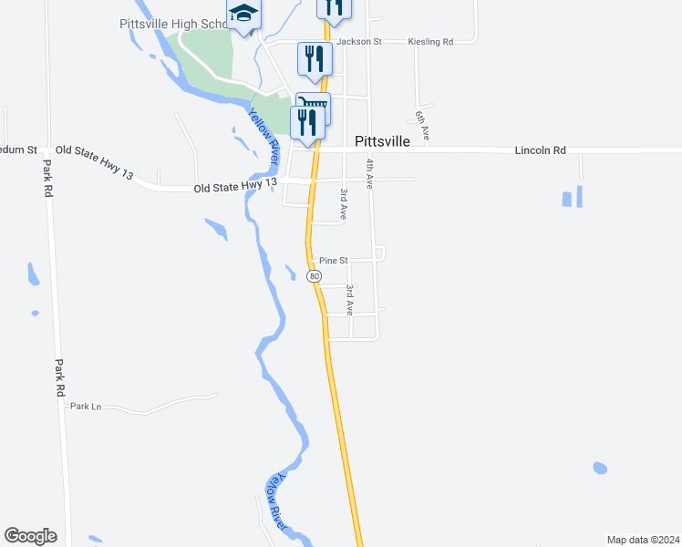 map of restaurants, bars, coffee shops, grocery stores, and more near 5182 3rd Avenue in Pittsville