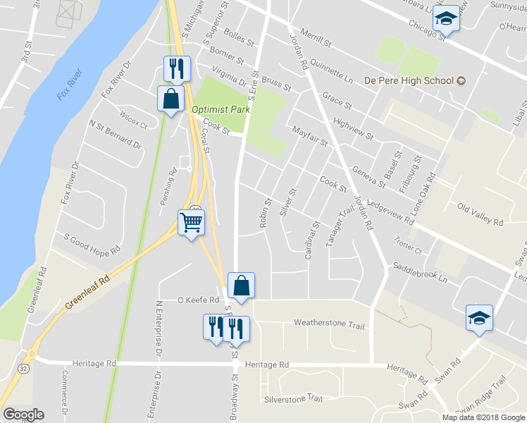 map of restaurants, bars, coffee shops, grocery stores, and more near 1184 Robin Street in De Pere