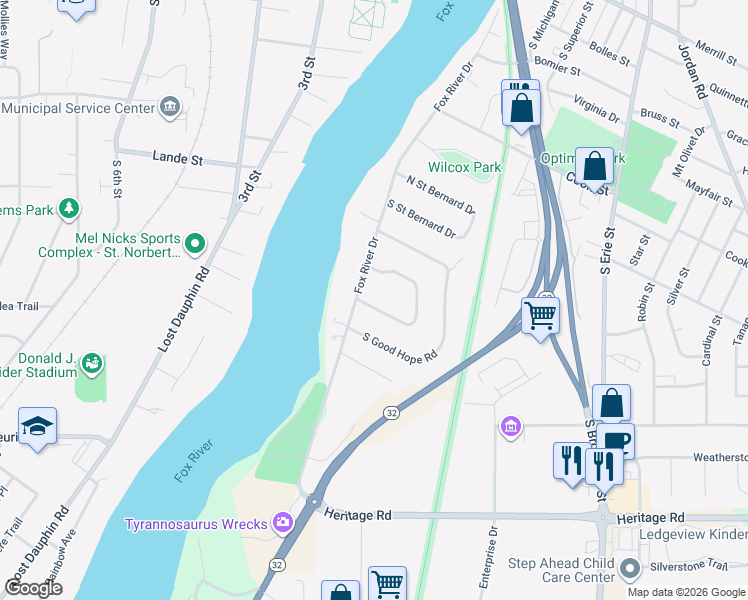 map of restaurants, bars, coffee shops, grocery stores, and more near 409 South Fox Croft Drive in De Pere