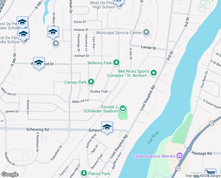 map of restaurants, bars, coffee shops, grocery stores, and more near 1295 South 7th Street in De Pere