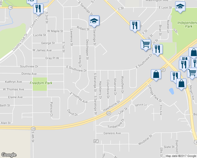 map of restaurants, bars, coffee shops, grocery stores, and more near 806 Hackberry Drive in Marshall