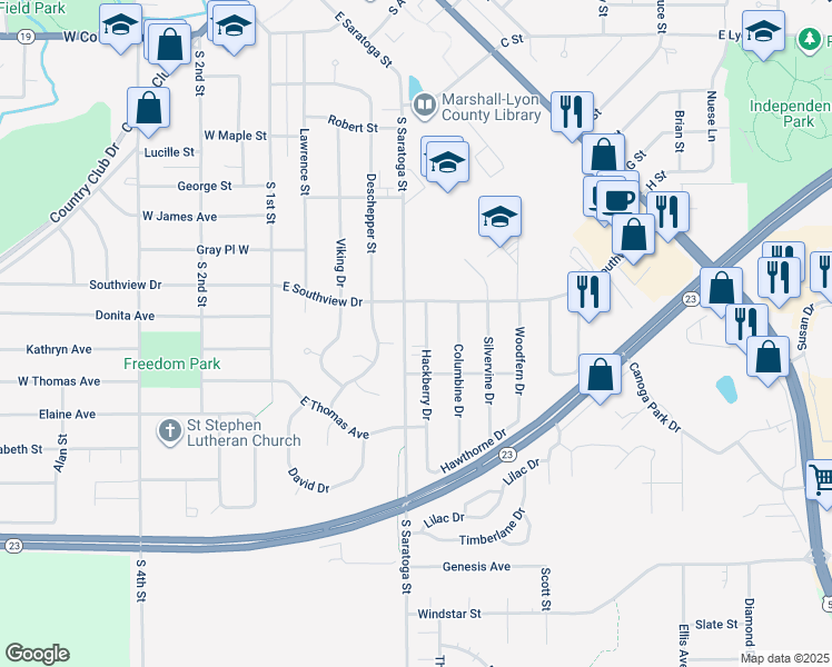 map of restaurants, bars, coffee shops, grocery stores, and more near 806 Hackberry Drive in Marshall