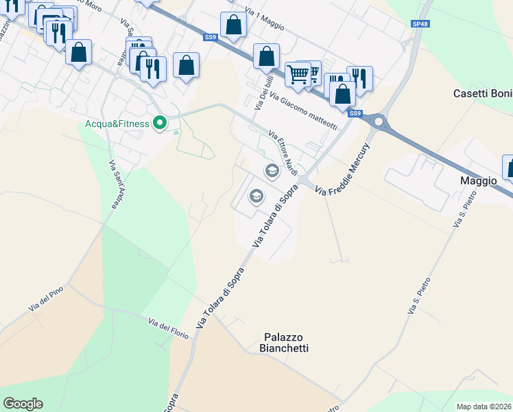 map of restaurants, bars, coffee shops, grocery stores, and more near 43 Via Tolara di Sopra in Ozzano dell'Emilia