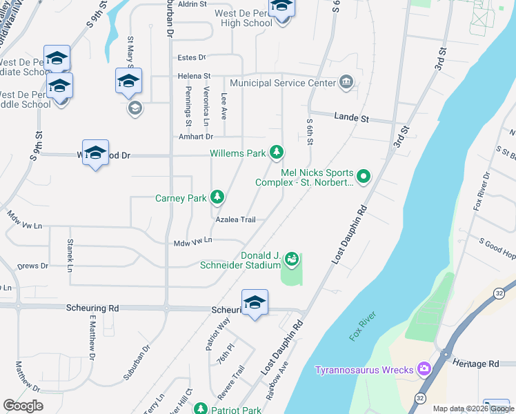 map of restaurants, bars, coffee shops, grocery stores, and more near 1295 South 7th Street in De Pere