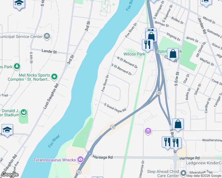 map of restaurants, bars, coffee shops, grocery stores, and more near 409 South Fox Croft Drive in De Pere