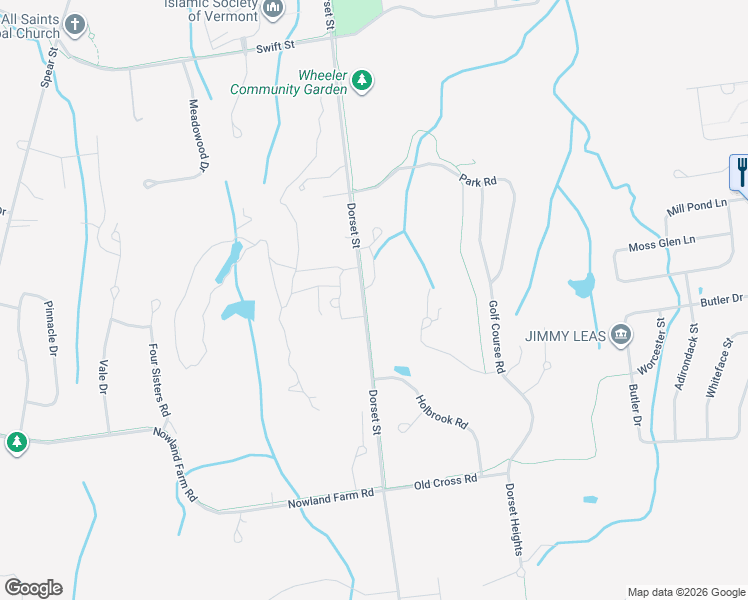 map of restaurants, bars, coffee shops, grocery stores, and more near 1299-1301 Dorset Street in South Burlington