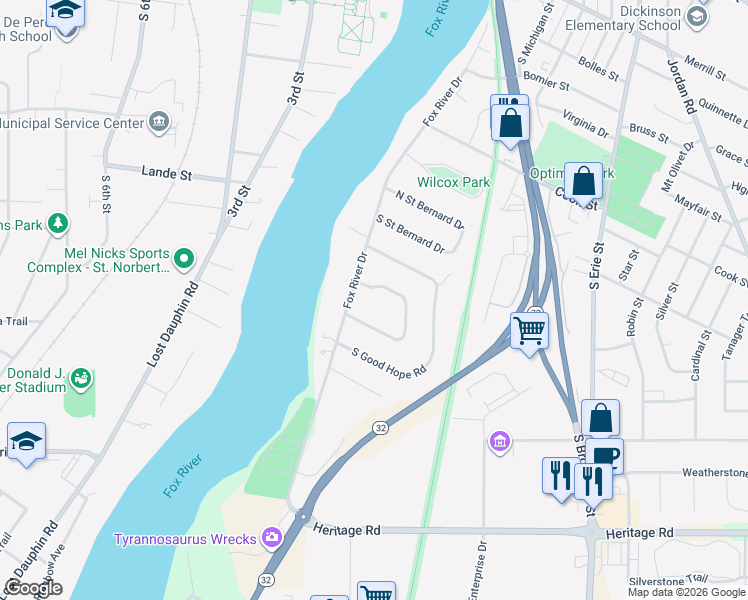 map of restaurants, bars, coffee shops, grocery stores, and more near 409 South Fox Croft Drive in De Pere