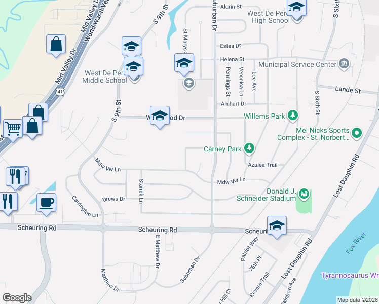 map of restaurants, bars, coffee shops, grocery stores, and more near 1118 Stine Way in De Pere