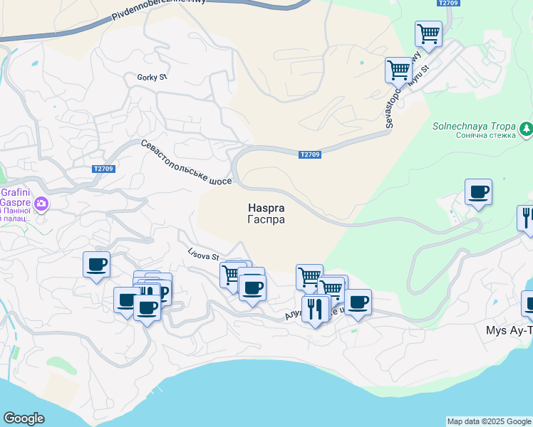 map of restaurants, bars, coffee shops, grocery stores, and more near in Haspra