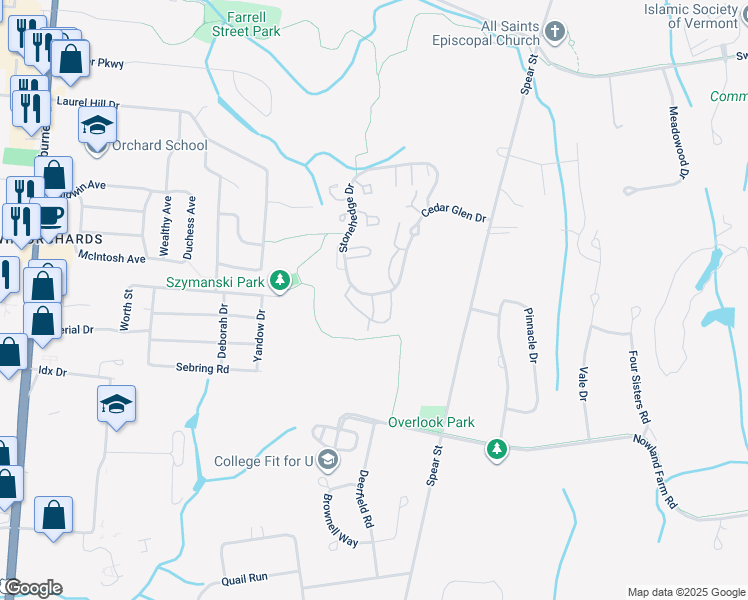 map of restaurants, bars, coffee shops, grocery stores, and more near I14 Stonehedge Drive in South Burlington