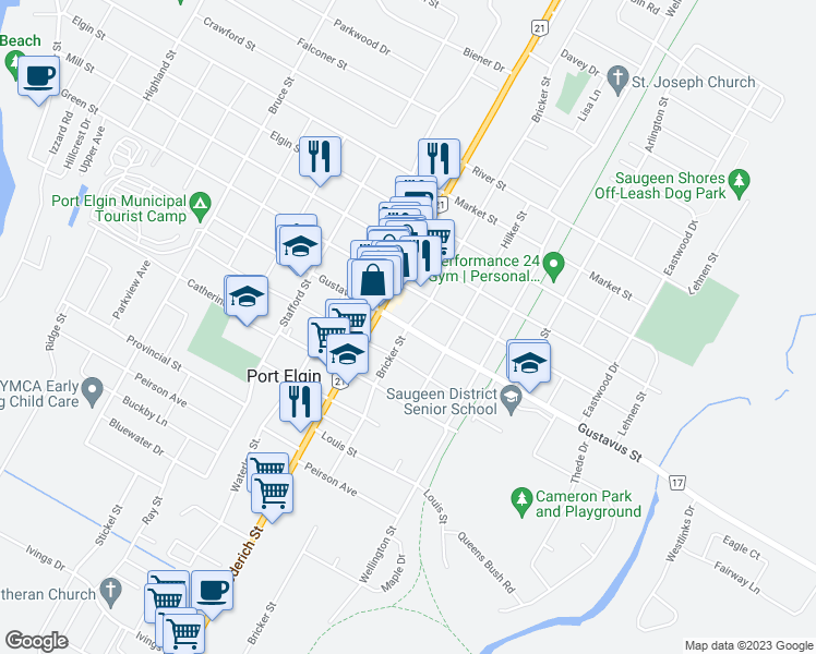 map of restaurants, bars, coffee shops, grocery stores, and more near Bricker Street in Saugeen Shores