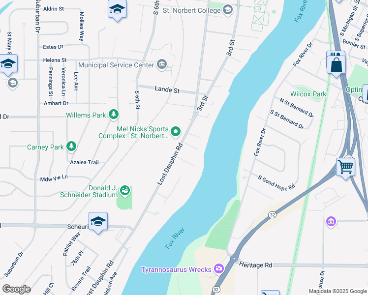 map of restaurants, bars, coffee shops, grocery stores, and more near 1300 Lost Dauphin Road in De Pere