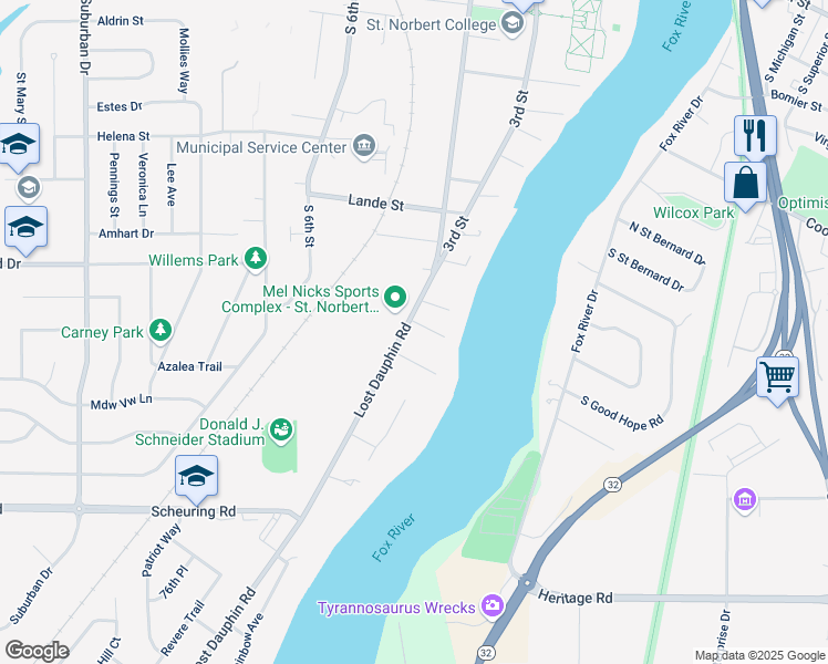 map of restaurants, bars, coffee shops, grocery stores, and more near 1300 Lost Dauphin Road in De Pere